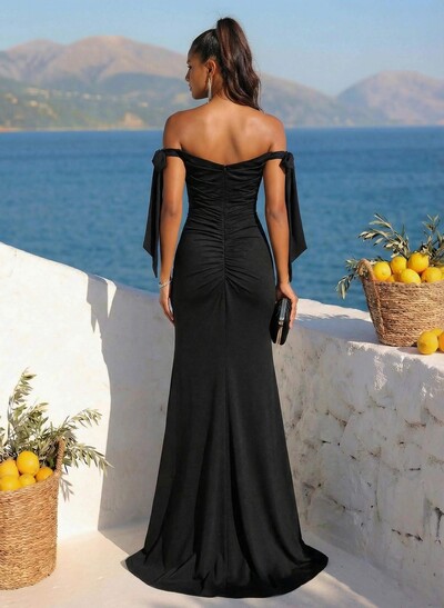 Sheath/Column Off-The-Shoulder Silk Like Satin Prom Dresses With Split Front