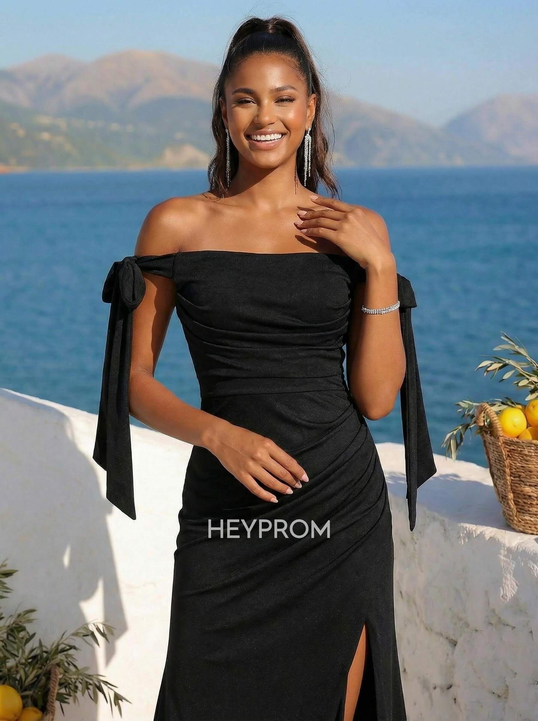 Sheath/Column Off-The-Shoulder Silk Like Satin Prom Dresses With Split Front