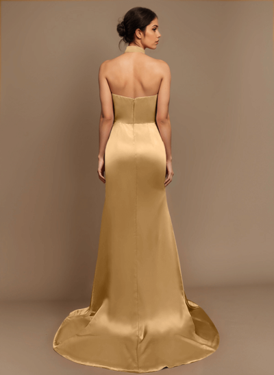 Sheath/Column Halter Charmeuse Prom Dresses With High Split