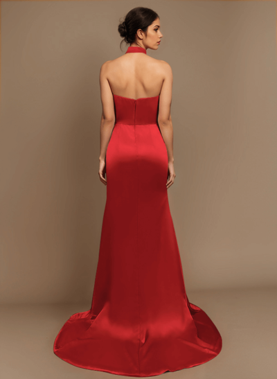 Sheath/Column Halter Charmeuse Prom Dresses With High Split