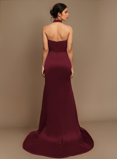 Sheath/Column Halter Charmeuse Prom Dresses With High Split