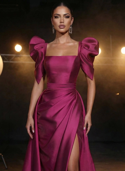 Square Neckline Short Sleeves Charmeuse Prom Dresses With High Split