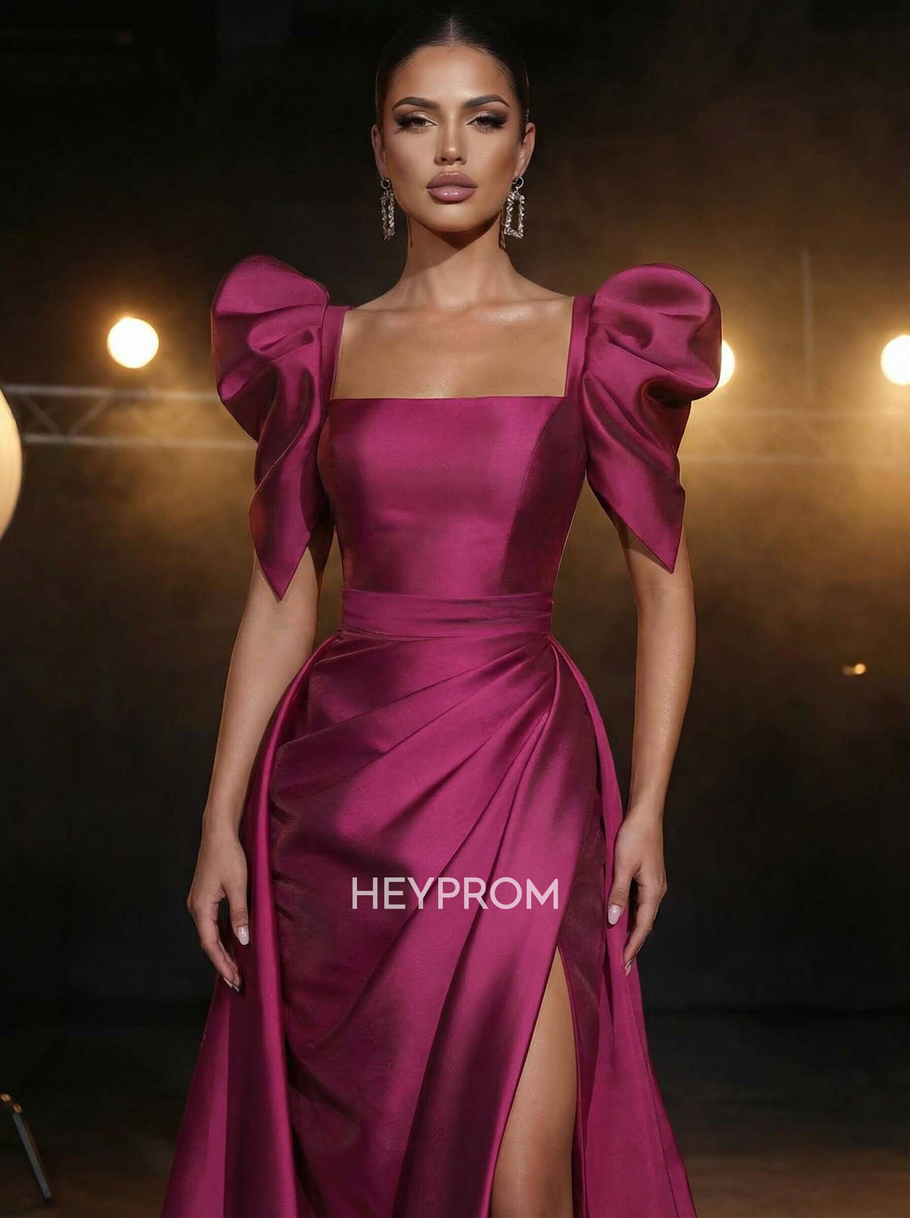 Square Neckline Short Sleeves Charmeuse Prom Dresses With High Split