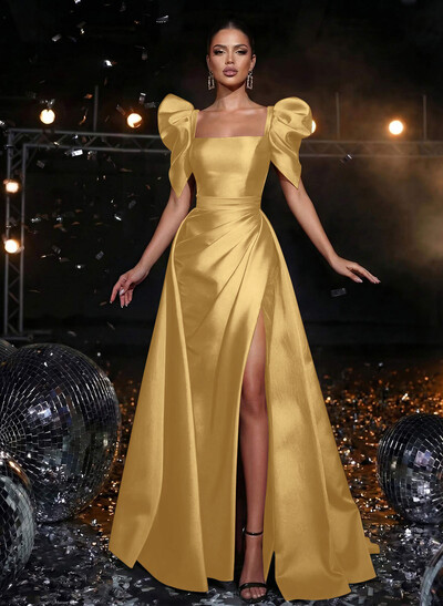 Square Neckline Short Sleeves Charmeuse Prom Dresses With High Split