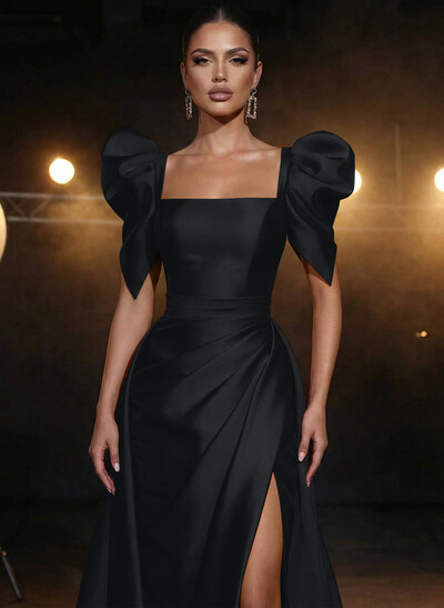 Square Neckline Short Sleeves Charmeuse Prom Dresses With High Split