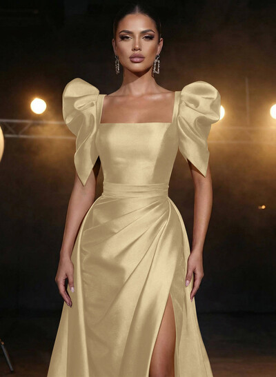 Square Neckline Short Sleeves Charmeuse Prom Dresses With High Split