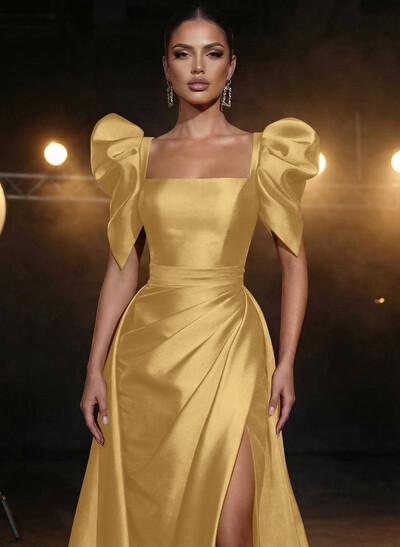 Square Neckline Short Sleeves Charmeuse Prom Dresses With High Split