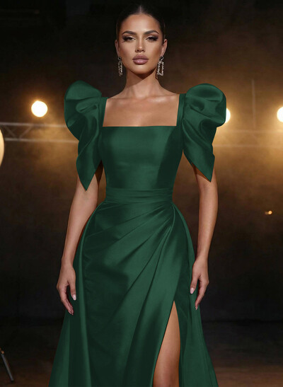 Square Neckline Short Sleeves Charmeuse Prom Dresses With High Split