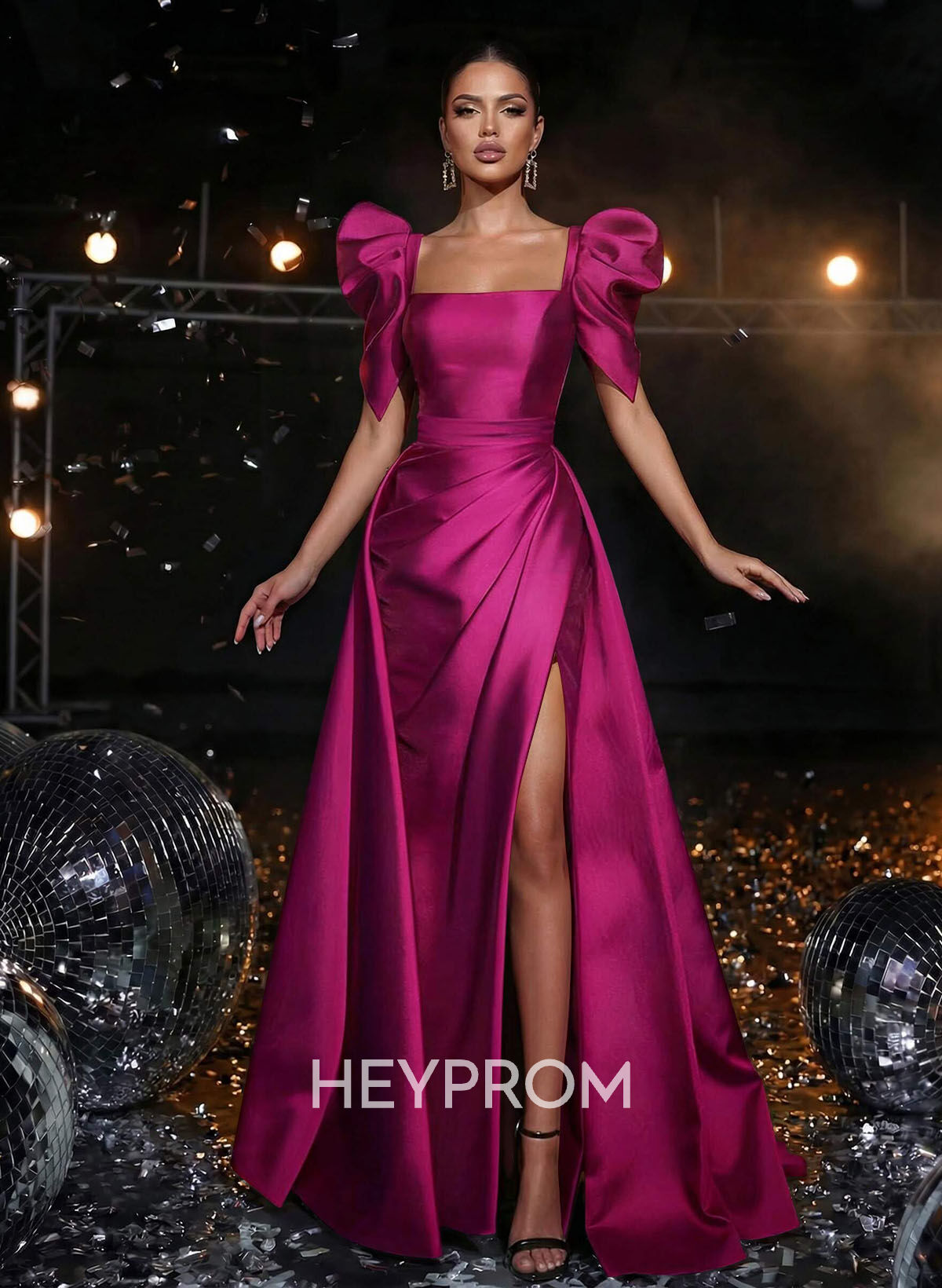 Square Neckline Short Sleeves Charmeuse Prom Dresses With High Split