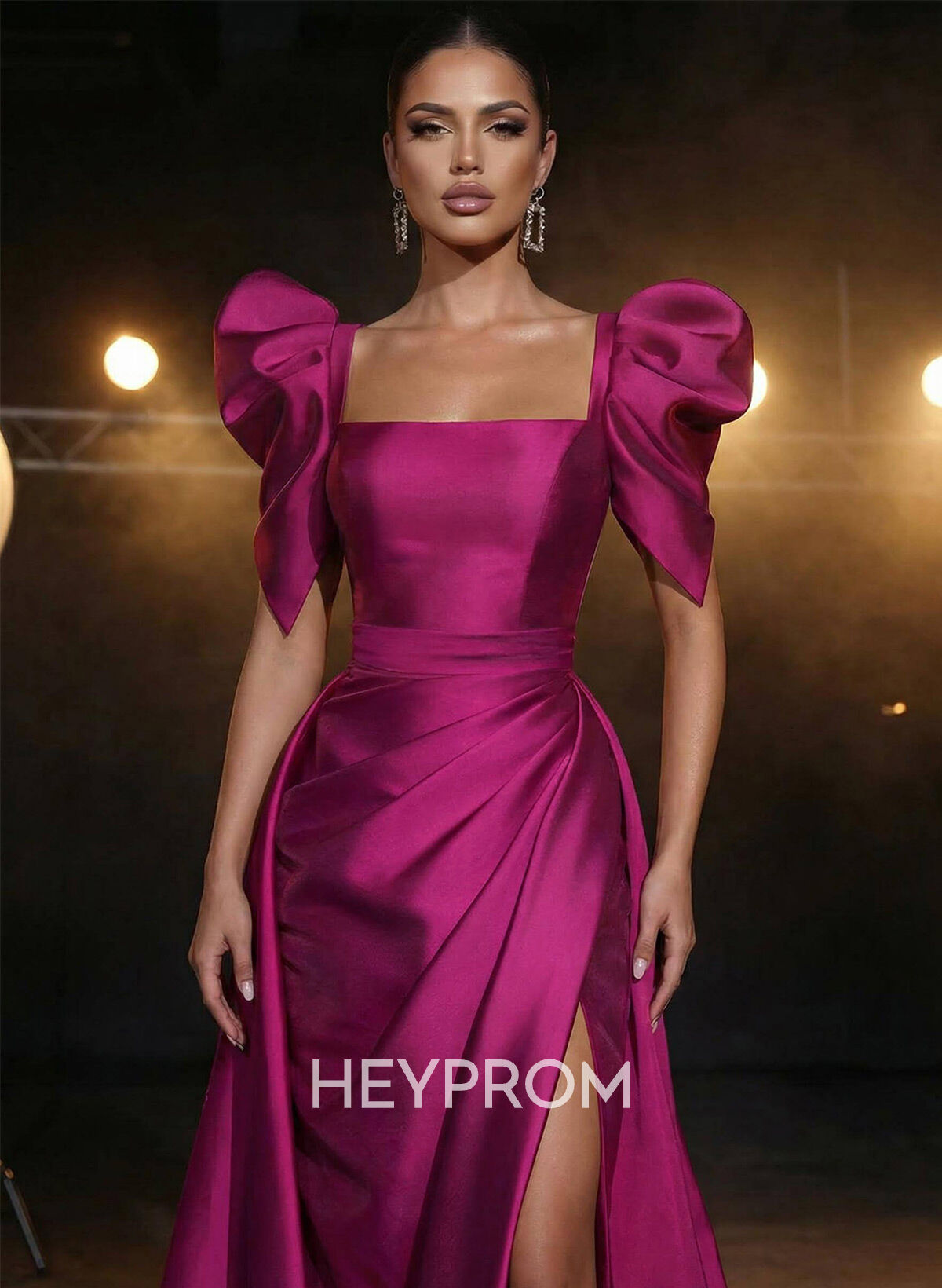 Square Neckline Short Sleeves Charmeuse Prom Dresses With High Split