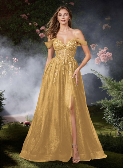 Glitter Illusion Corset Cold Shoulder Prom Dresses With Strappy Back