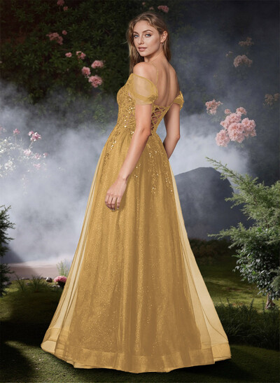 Glitter Illusion Corset Cold Shoulder Prom Dresses With Strappy Back