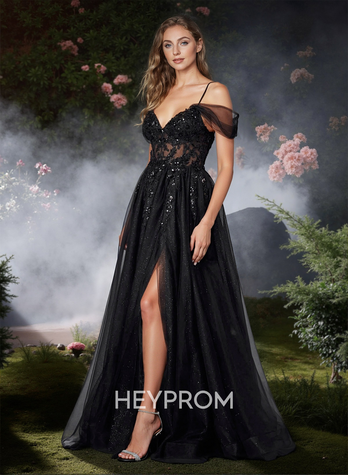 Glitter Illusion Corset Cold Shoulder Prom Dresses With Strappy Back