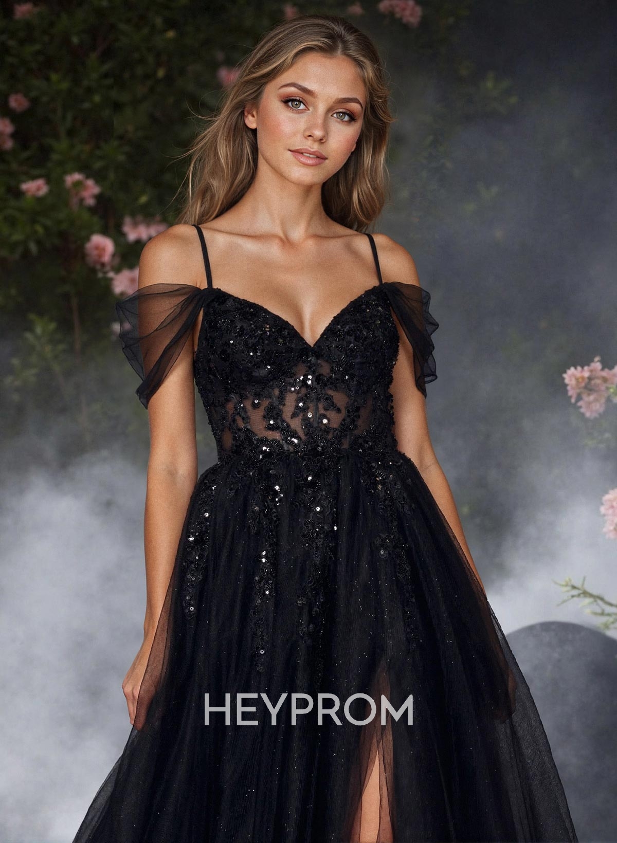 Glitter Illusion Corset Cold Shoulder Prom Dresses With Strappy Back