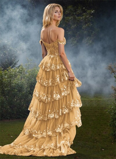 Exquisite Tiered Skirt Illusion Corset Prom Dresses With Floral Applique
