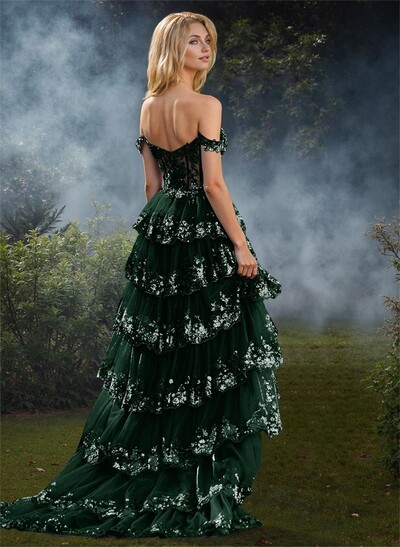 Exquisite Tiered Skirt Illusion Corset Prom Dresses With Floral Applique