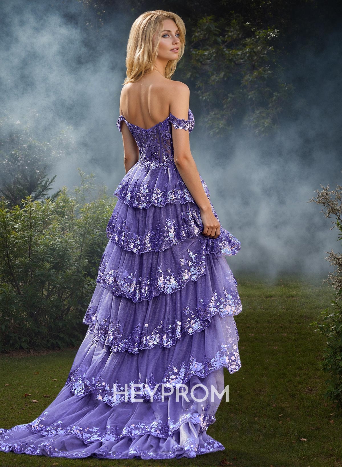 Exquisite Tiered Skirt Illusion Corset Prom Dresses With Floral Applique