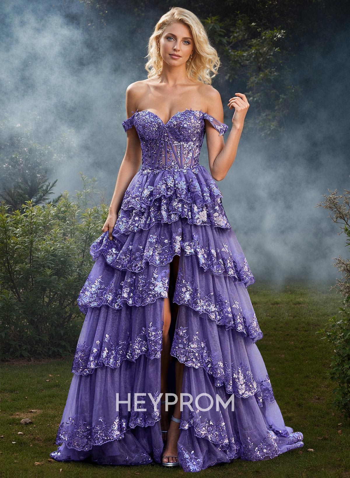 Exquisite Tiered Skirt Illusion Corset Prom Dresses With Floral Applique