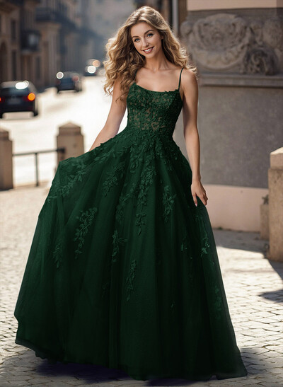 Illusion Corset Cross Back Princess Ball Gown Prom Dresses With Floral Applique