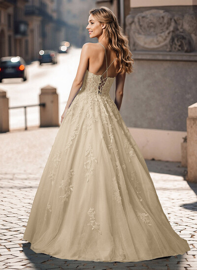 Illusion Corset Cross Back Princess Ball Gown Prom Dresses With Floral Applique
