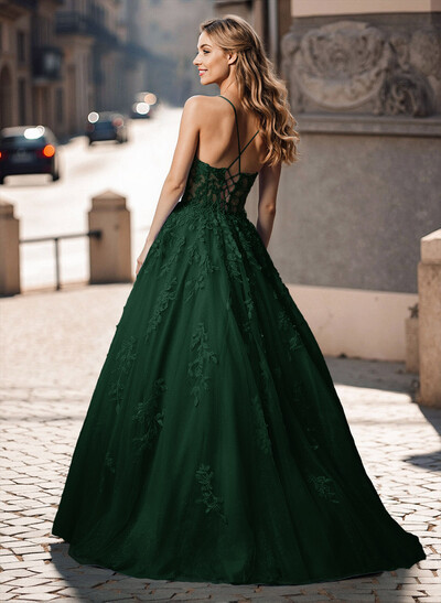 Illusion Corset Cross Back Princess Ball Gown Prom Dresses With Floral Applique