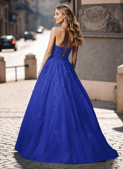 Illusion Corset Cross Back Princess Ball Gown Prom Dresses With Floral Applique
