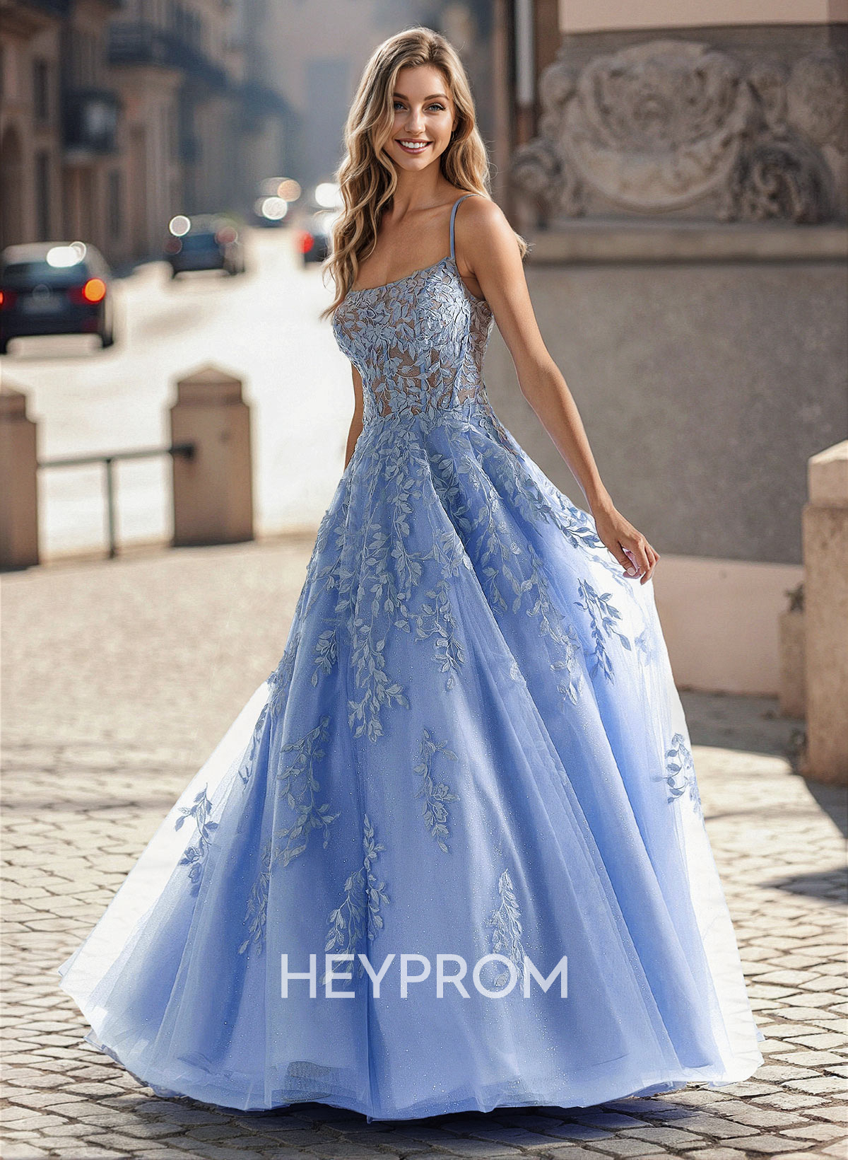 Illusion Corset Cross Back Princess Ball Gown Prom Dresses With Floral Applique