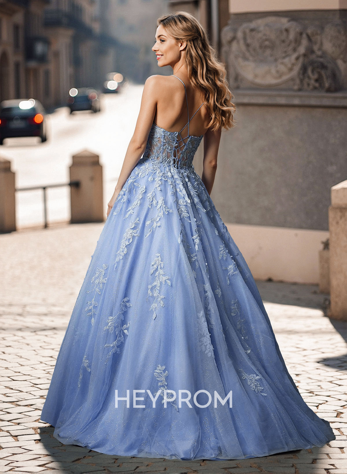 Illusion Corset Cross Back Princess Ball Gown Prom Dresses With Floral Applique