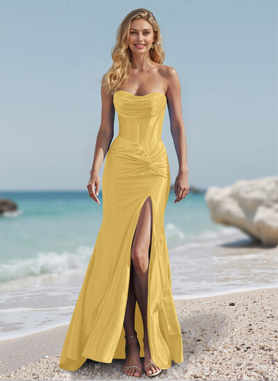 Fitted Draped Cowl Neck Strapless Lace Up Back Acetate Satin Prom Dresses