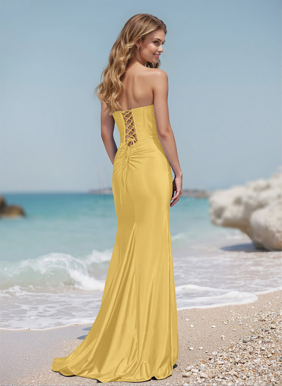 Fitted Draped Cowl Neck Strapless Lace Up Back Acetate Satin Prom Dresses