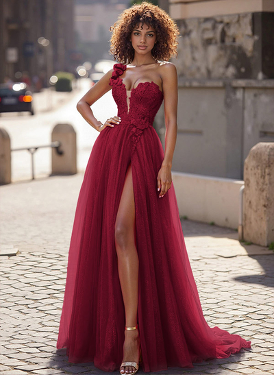 Exquisite Floral Applique Plunge One-Shoulder Tulle Prom Dresses