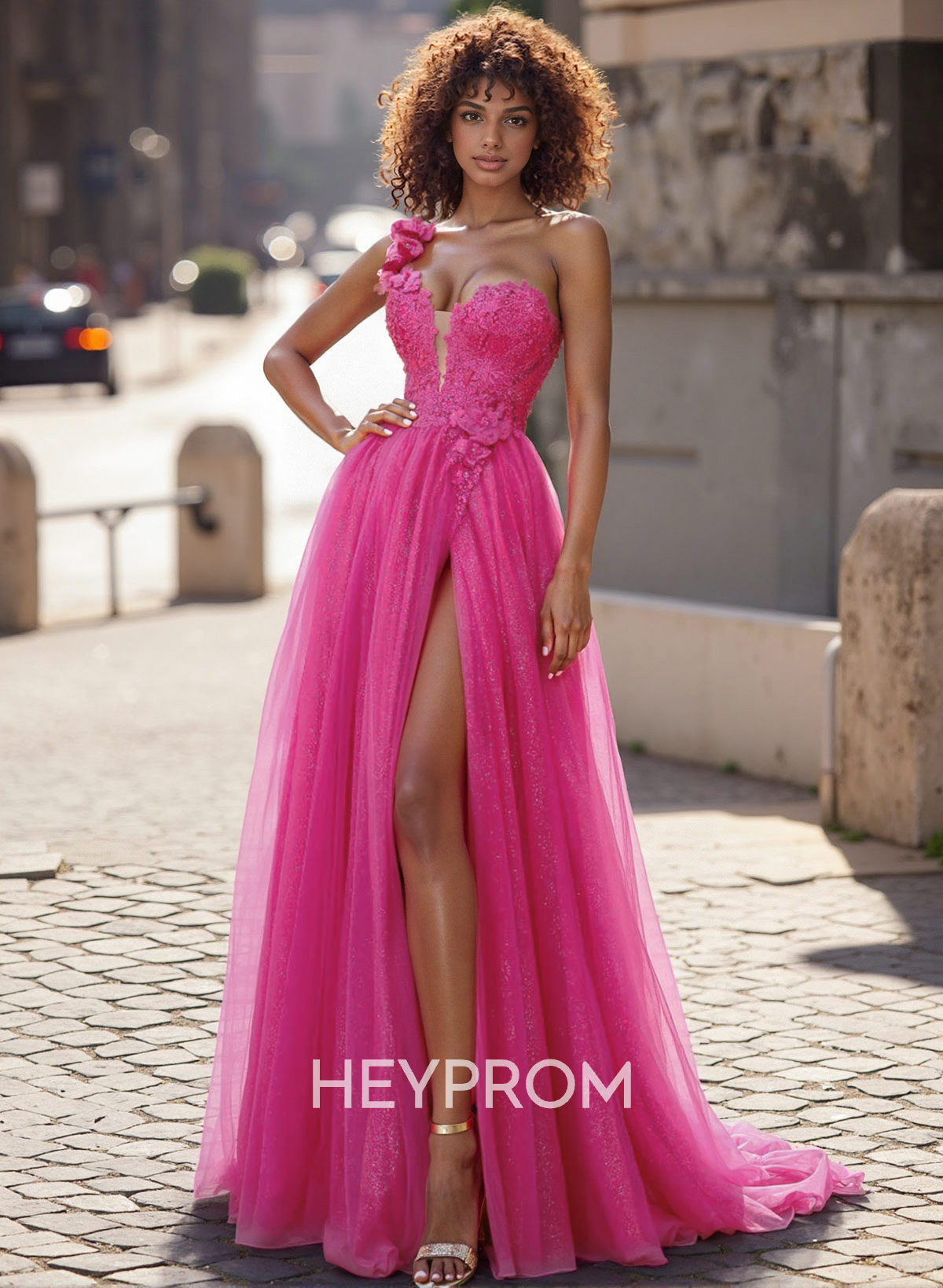 Exquisite Floral Applique Plunge One-Shoulder Tulle Prom Dresses