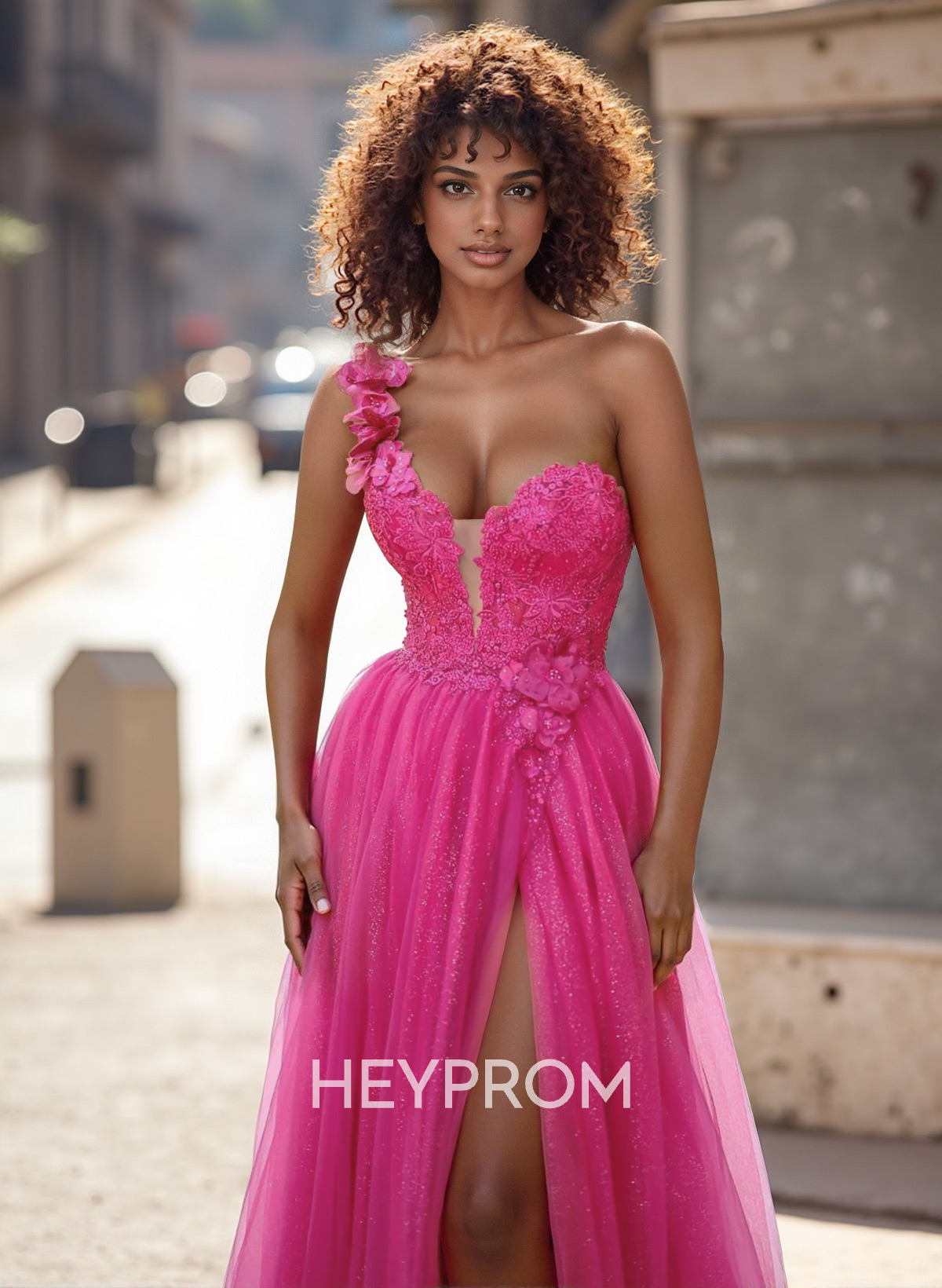 Exquisite Floral Applique Plunge One-Shoulder Tulle Prom Dresses