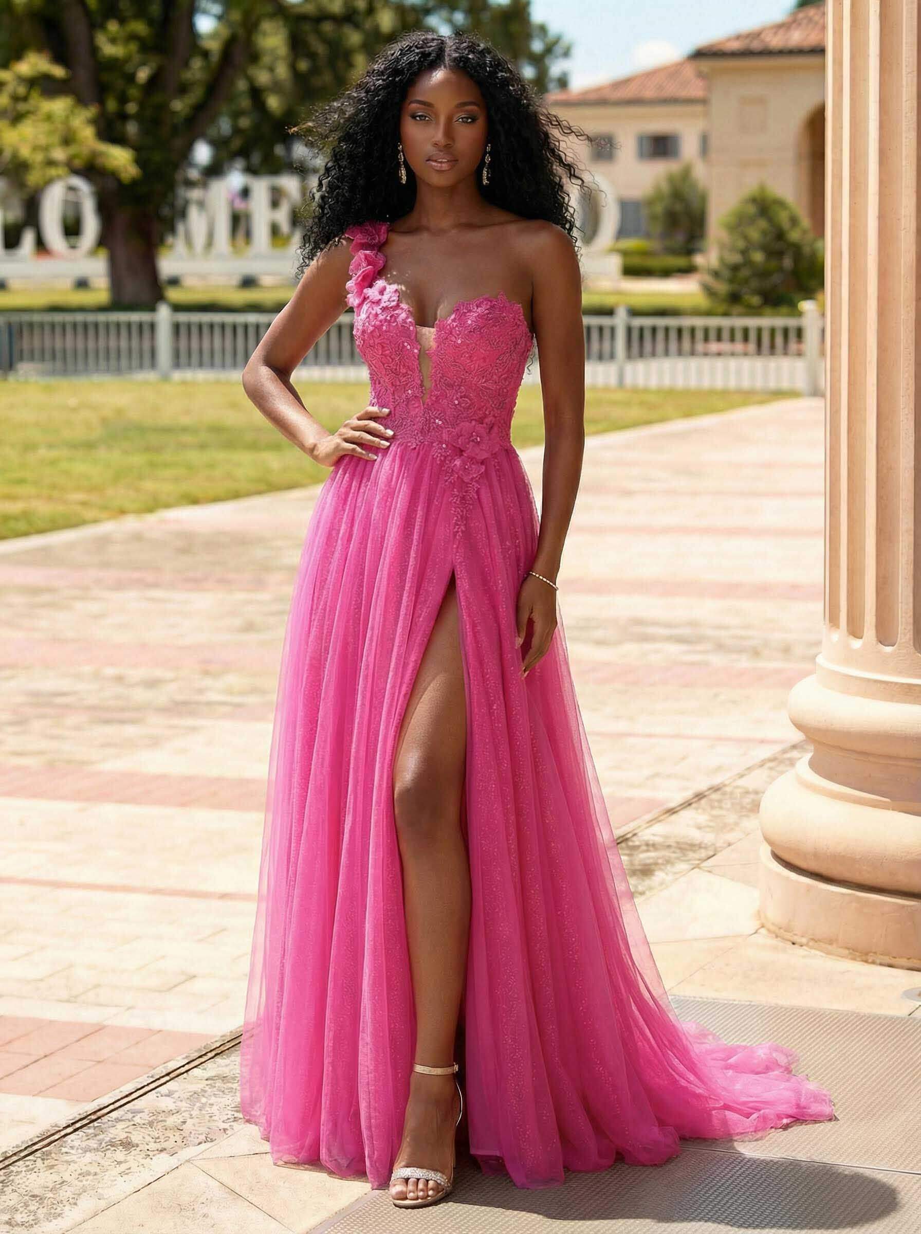 Exquisite Floral Applique Plunge One-Shoulder Tulle Prom Dresses