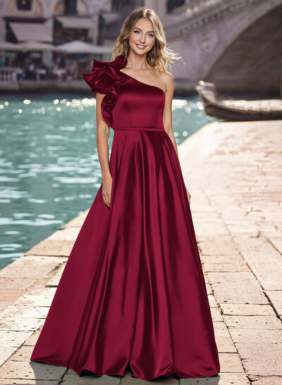 Modest One-Shoulder With Ruffle Detail A-Line Satin Prom Dresses