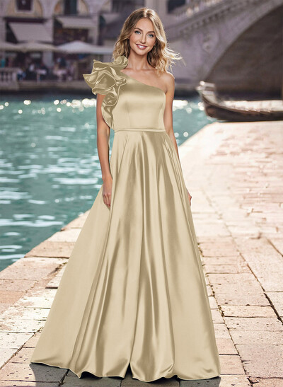 Modest One-Shoulder With Ruffle Detail A-Line Satin Prom Dresses
