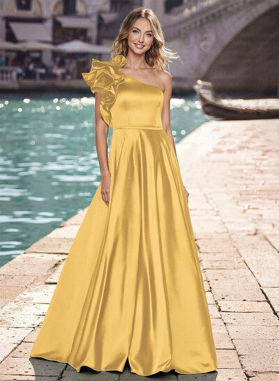 Modest One-Shoulder With Ruffle Detail A-Line Satin Prom Dresses