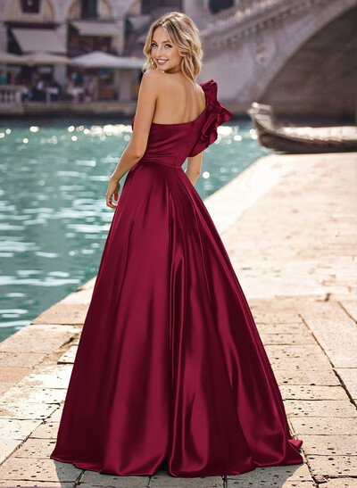 Modest One-Shoulder With Ruffle Detail A-Line Satin Prom Dresses