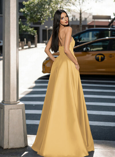 Classic Strapless Ruched A-Line Satin Prom Dresses With High Split