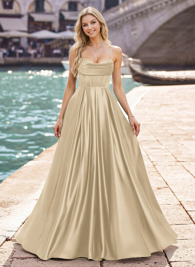Modest A-Line Spaghetti Straps Satin Prom Dresses With Strappy Back