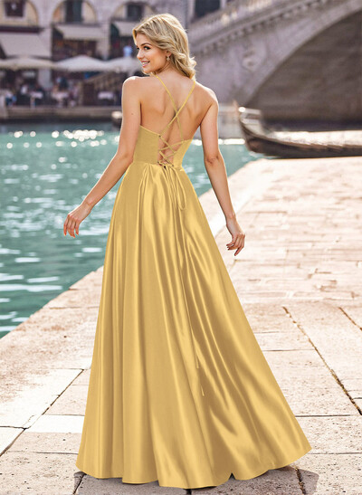 Modest A-Line Spaghetti Straps Satin Prom Dresses With Strappy Back
