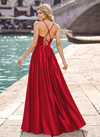 Modest A-Line Spaghetti Straps Satin Prom Dresses With Strappy Back