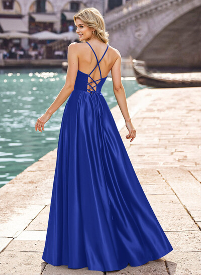 Modest A-Line Spaghetti Straps Satin Prom Dresses With Strappy Back