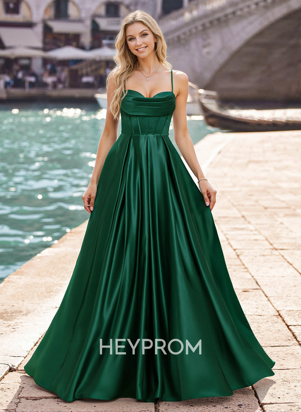 Modest A-Line Spaghetti Straps Satin Prom Dresses With Strappy Back