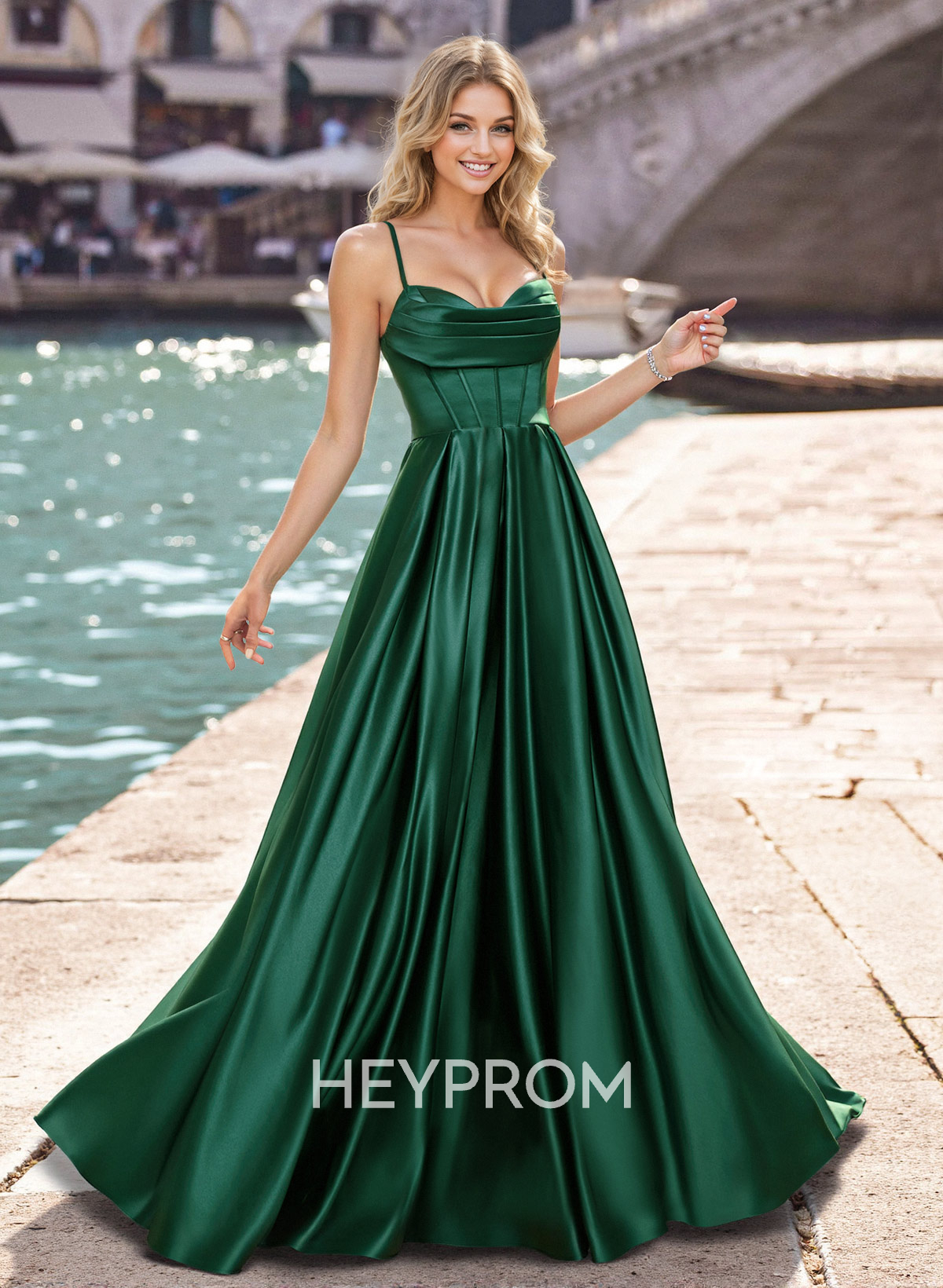 Modest A-Line Spaghetti Straps Satin Prom Dresses With Strappy Back