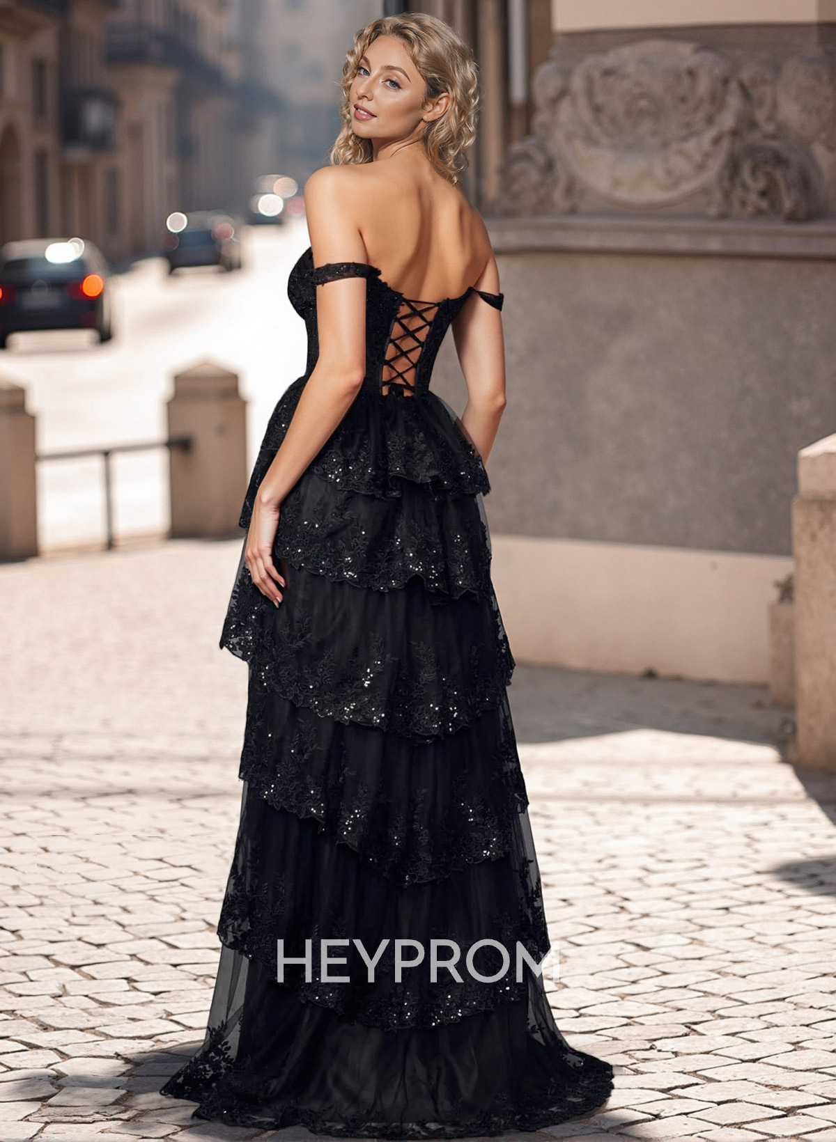 Dreamy Tiered Skirt Illusion Corset Prom Dresses With Off-The-Shoulder