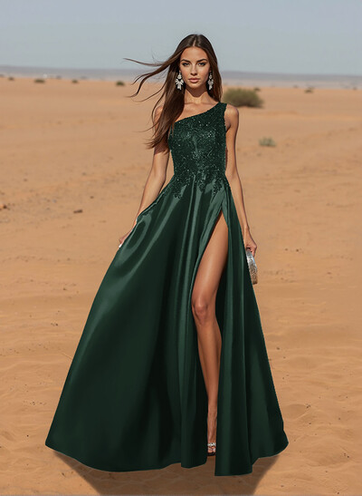 Unique One-Shoulder Cutout In Back Prom Dresses With Lace Applique