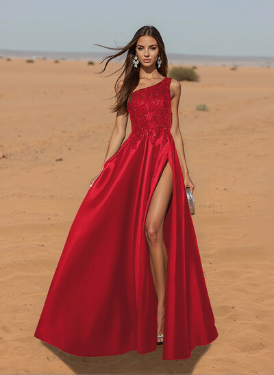 Unique One-Shoulder Cutout In Back Prom Dresses With Lace Applique