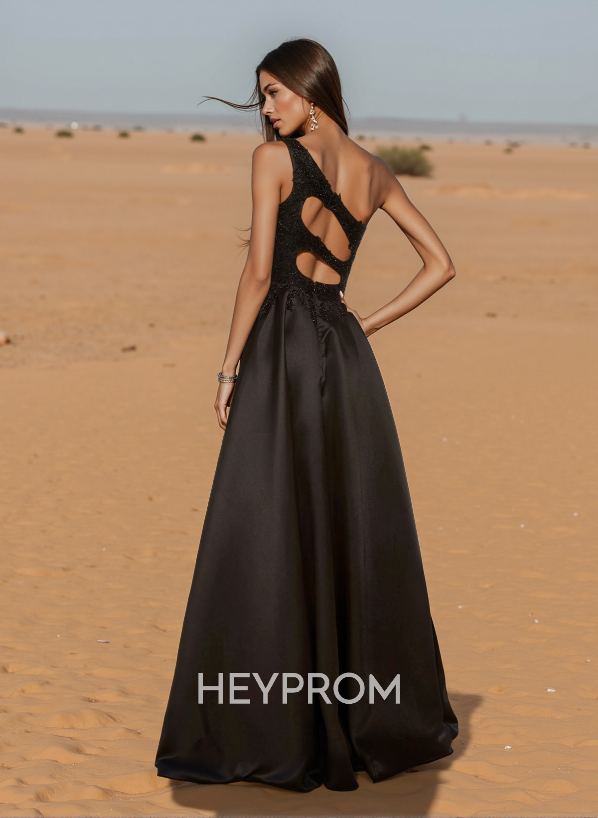 Unique One-Shoulder Cutout In Back Prom Dresses With Lace Applique