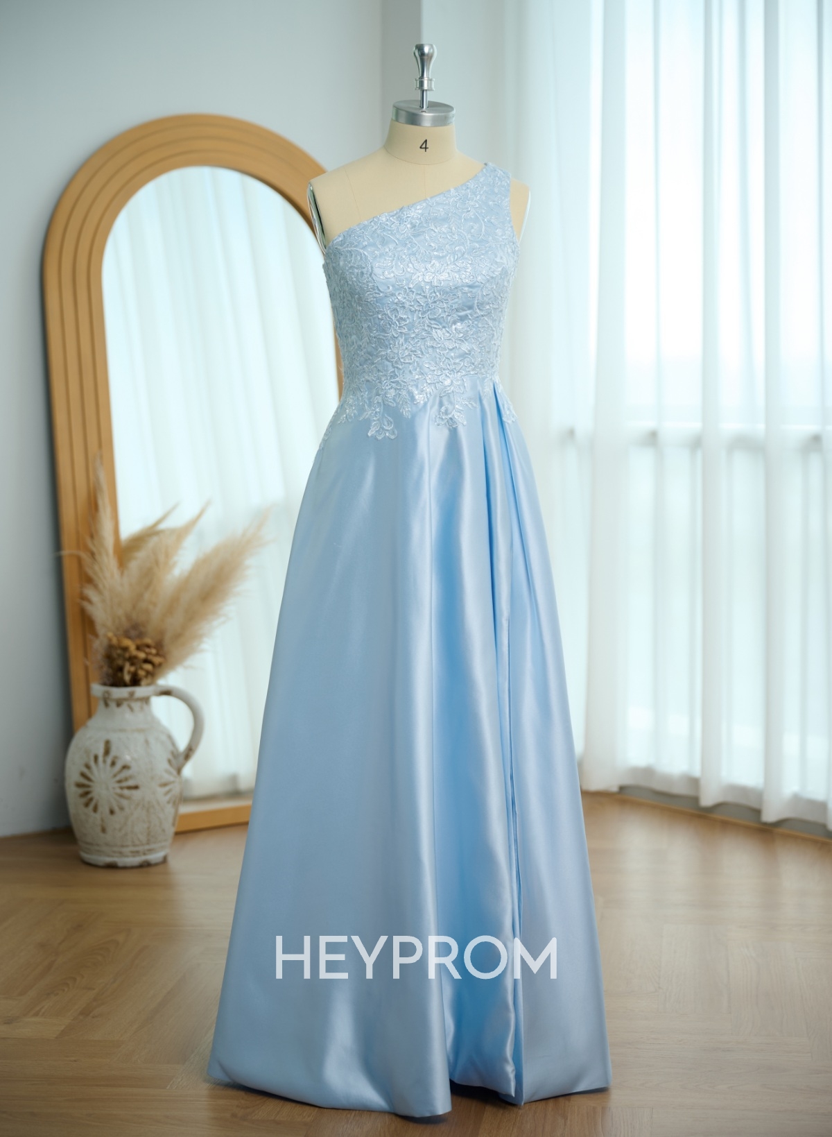 Unique One-Shoulder Cutout In Back Prom Dresses With Lace Applique